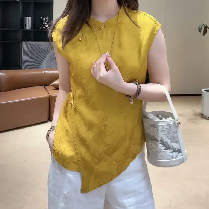 夏季新款休闲百搭衬衫新中式国风提花不规则无袖立领显瘦上衣女