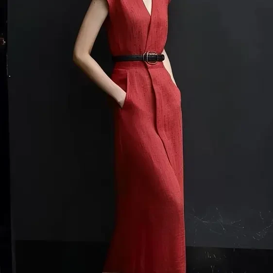 夏季新款红色小香风V领轻奢高级感收腰显瘦直筒连衣裙女