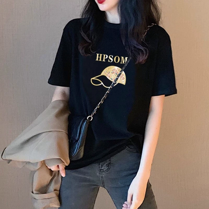 时尚印花港味chic短袖t恤女2025夏季新款黑色正肩显瘦小个子上衣