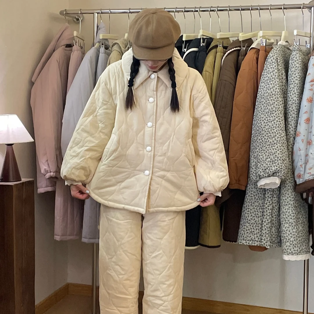 VA 2516翻领蕾丝边休闲款加绒加厚家居服套装