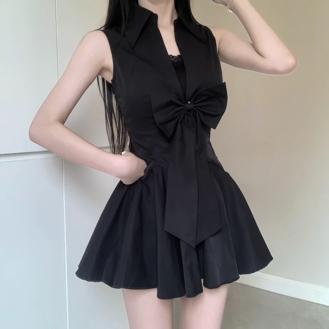 iqcq气球熊纯欲辣妹收腰显瘦黑色蝴蝶结无袖连衣裙女夏季a字短裙