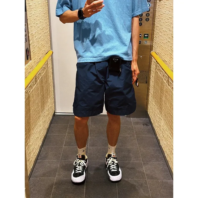 藏青色尼龙速干短裤男夏季运动美式跑步三四分裤不过膝4分沙滩裤