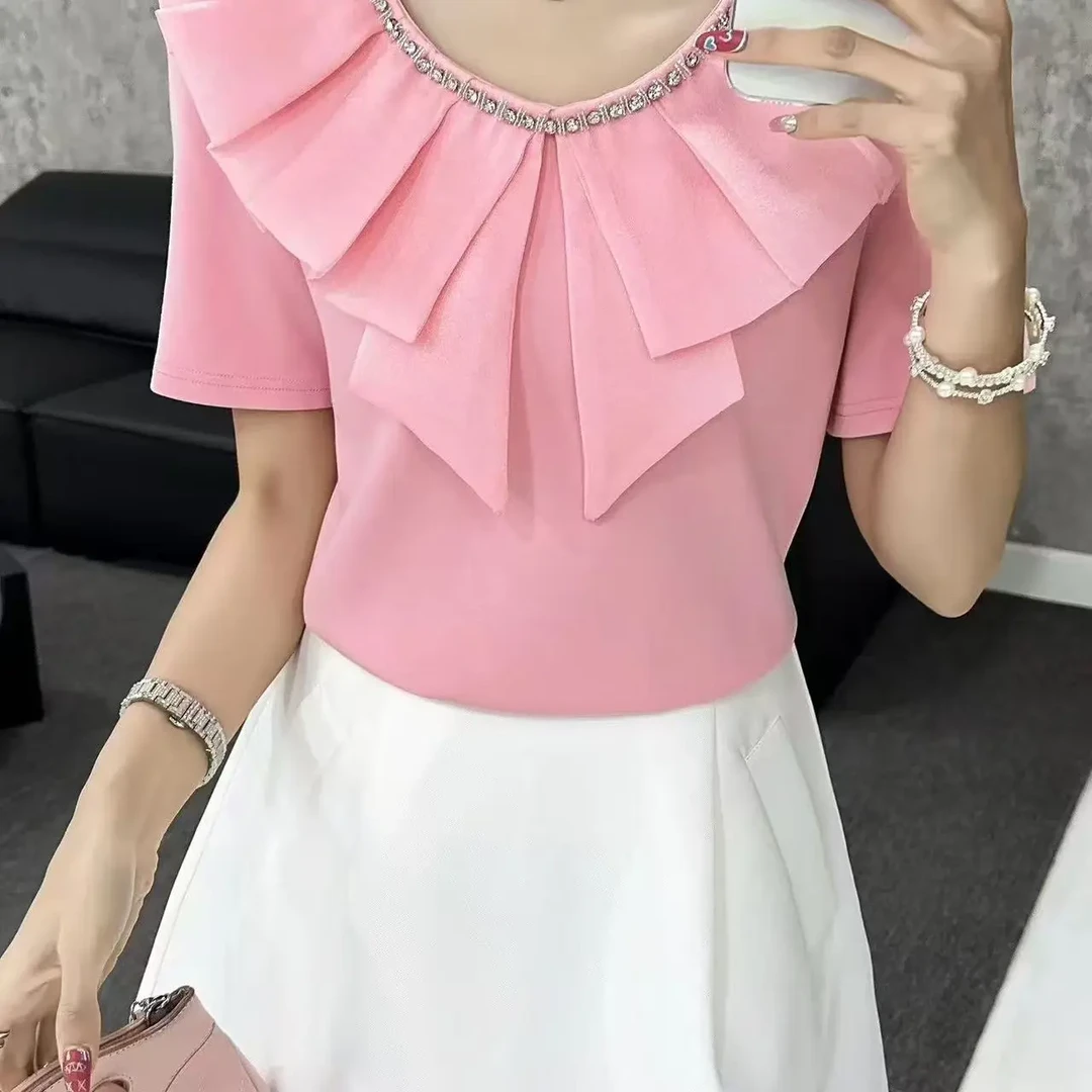 V领荷叶袖短袖T恤宽松型系带耐磨娃娃领女士设计师拼接圆领