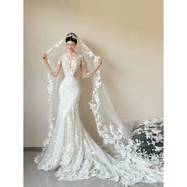 法式蕾丝轻婚纱主纱2025新款新娘高级感鱼尾森系出门纱迎宾礼服裙