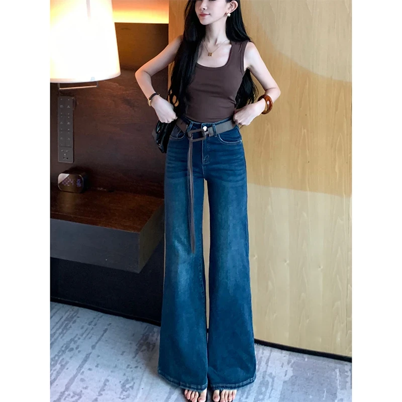 爆款百搭复古不贴腿微喇牛仔裤女早秋新款高腰宽松弹力显瘦拖地裤