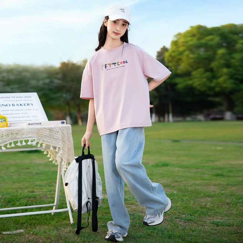 女童夏季短袖套装2025新款洋气涂鸦T恤儿童时髦牛仔裤夏装两件套