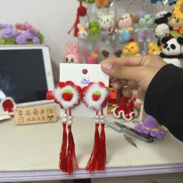 毛线钩织儿童中国风水貂毛古风流苏汉服发夹新年头饰