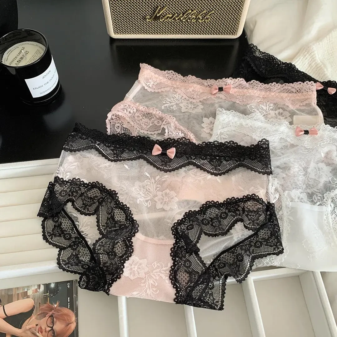 法式甜美少女内裤2025新款纯欲蕾丝蝴蝶结拼接透气低腰女生三角裤