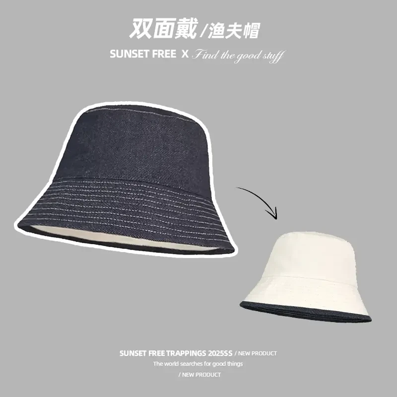双面戴牛仔渔夫帽遮脸帽显脸小盆帽时尚百搭夏季户外黑色太阳帽
