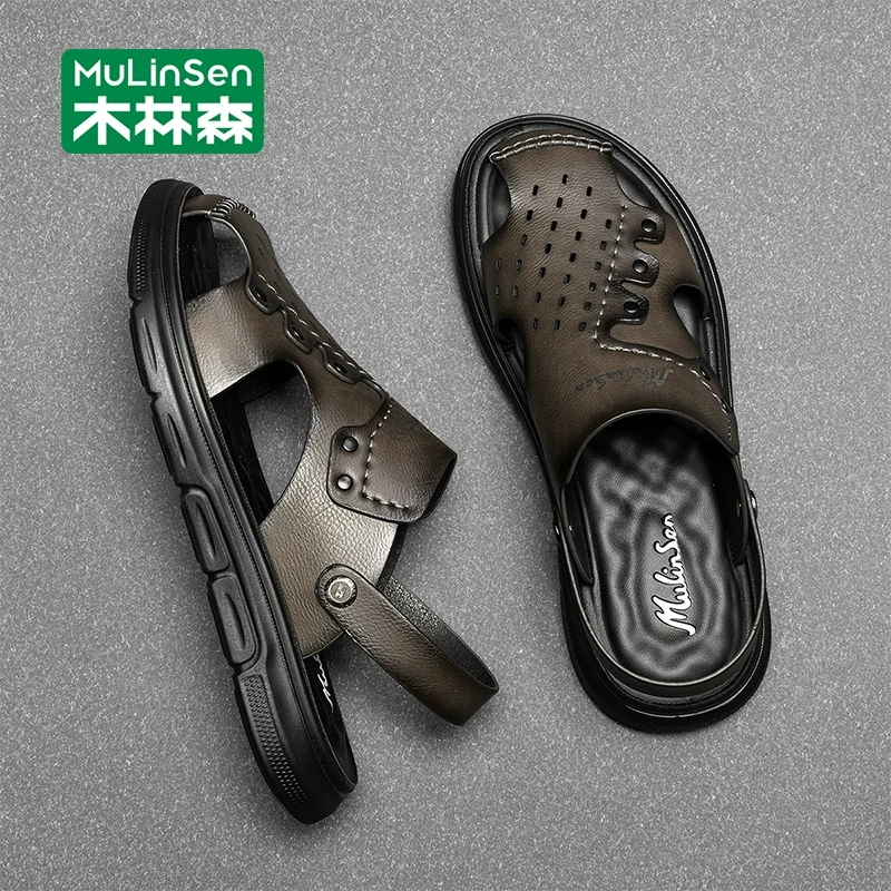 木林森凉鞋男款2025新款夏季外穿沙滩鞋司机开车防滑包头皮凉拖男
