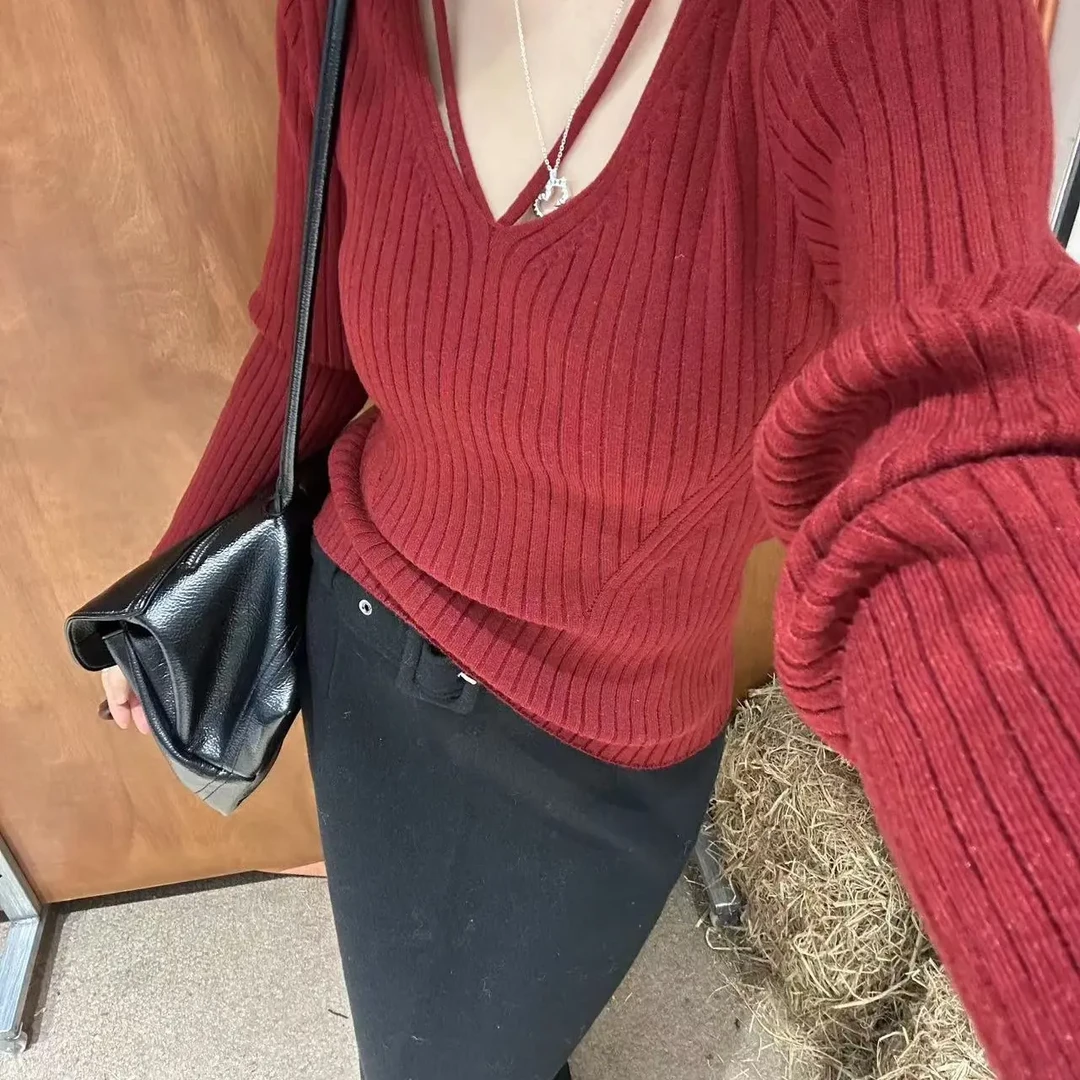 2025新款秋冬新款百搭修身领子两根绳拼接针织打底衫