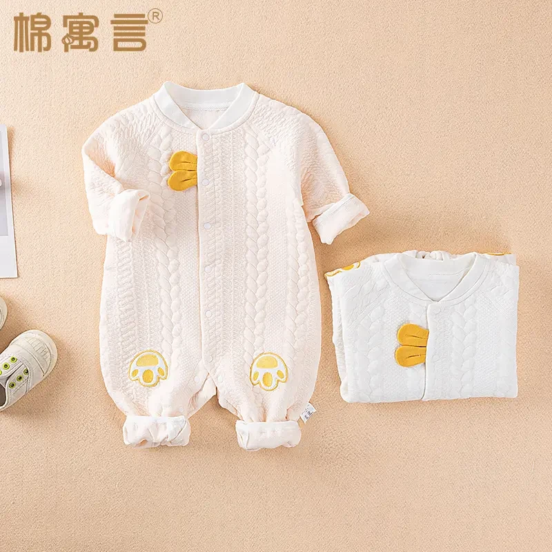 春秋季婴儿外出服三层保暖连体衣空气层哈衣宝宝加厚衣服夹棉爬服
