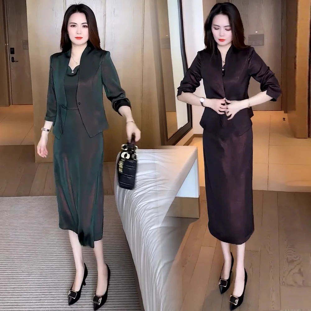连衣裙时尚套装女2025夏季新款气质修身显瘦七分袖外套减龄两件套