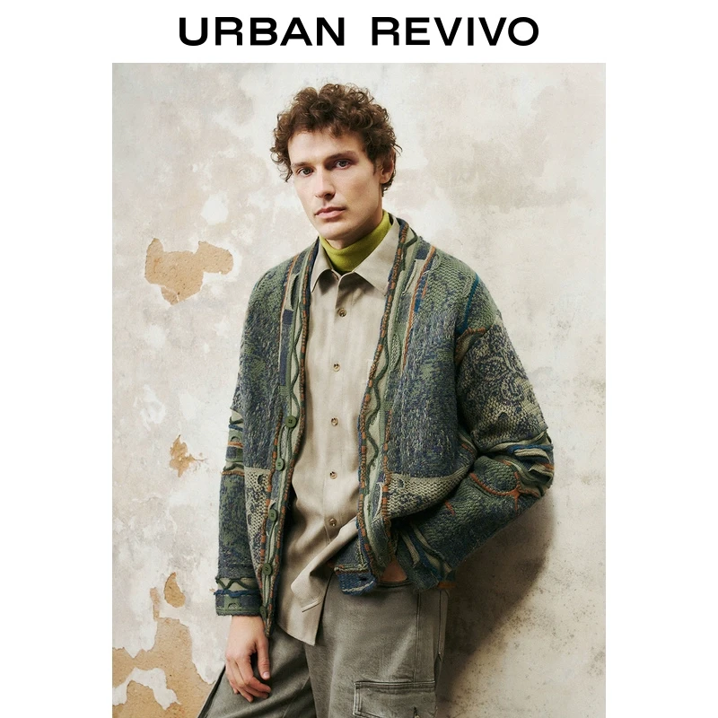 UR2025春季新款男装时尚复古休闲撞色提花针织开衫UML950008