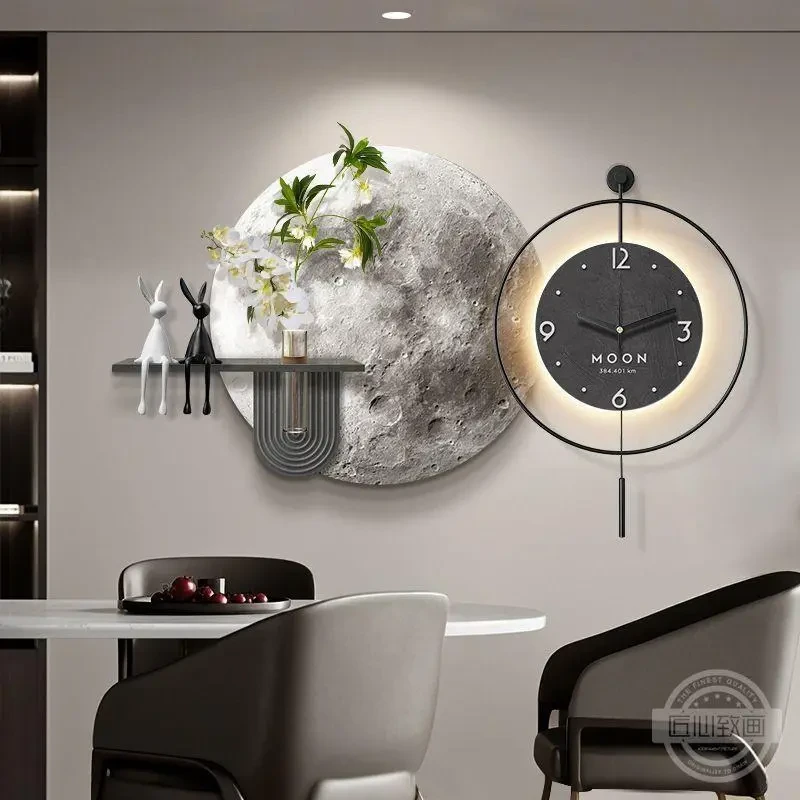 2025新款月球挂钟餐厅装饰画轻奢高级感客厅钟表挂墙创意时钟挂画