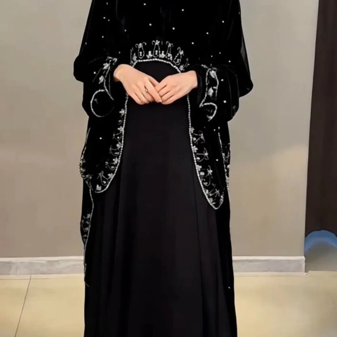 高领秋冬季蕾丝连衣裙重工刺绣丝绒拼接复古气质显瘦连衣长裙