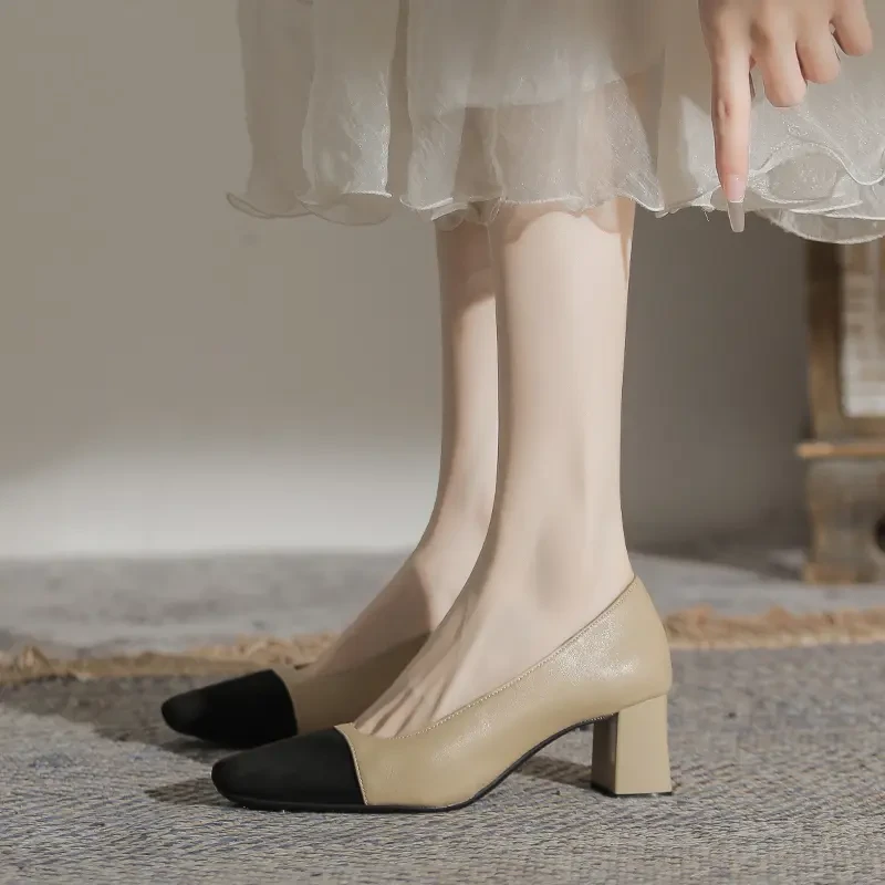 【3cm】【5cm】羊皮拼色小香风粗跟单鞋女中跟瓢鞋法式气质高跟鞋子