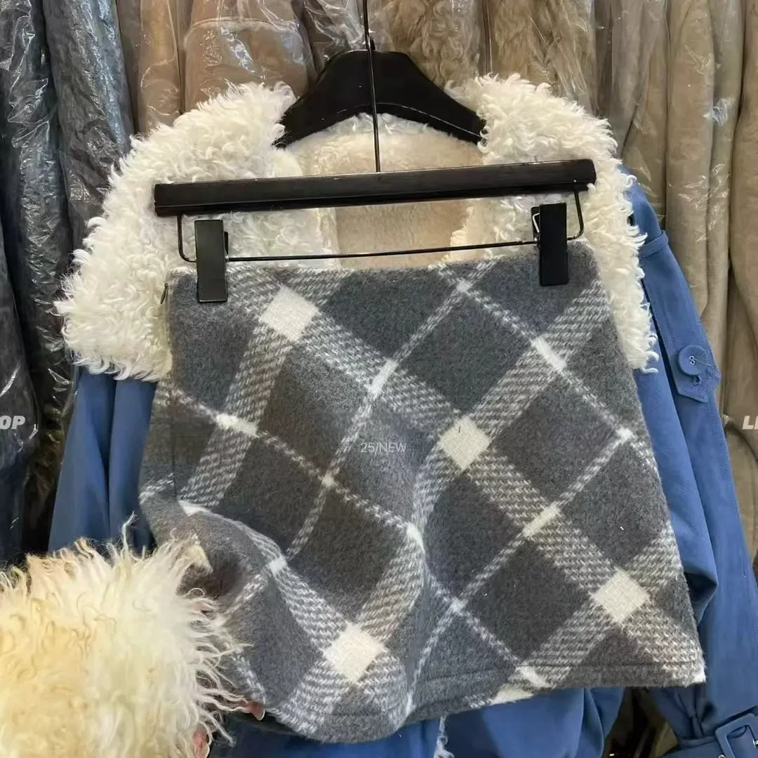 秋冬复古格纹高腰显瘦A字包臀加厚毛呢半身短裙女