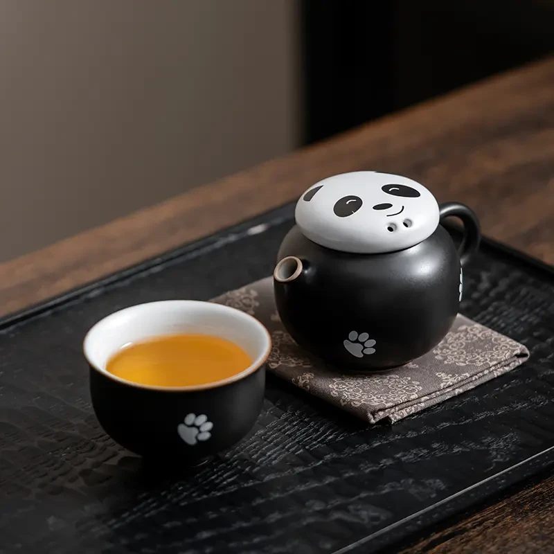 【云由-熊猫壶+杯一套】一人用泡茶壶黑色家用创意陶瓷茶壶小急须壶