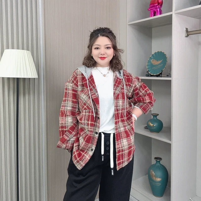 复古连帽格子衬衫女大码春秋胖mm宽松假两件磨毛衬衣休闲上衣外套