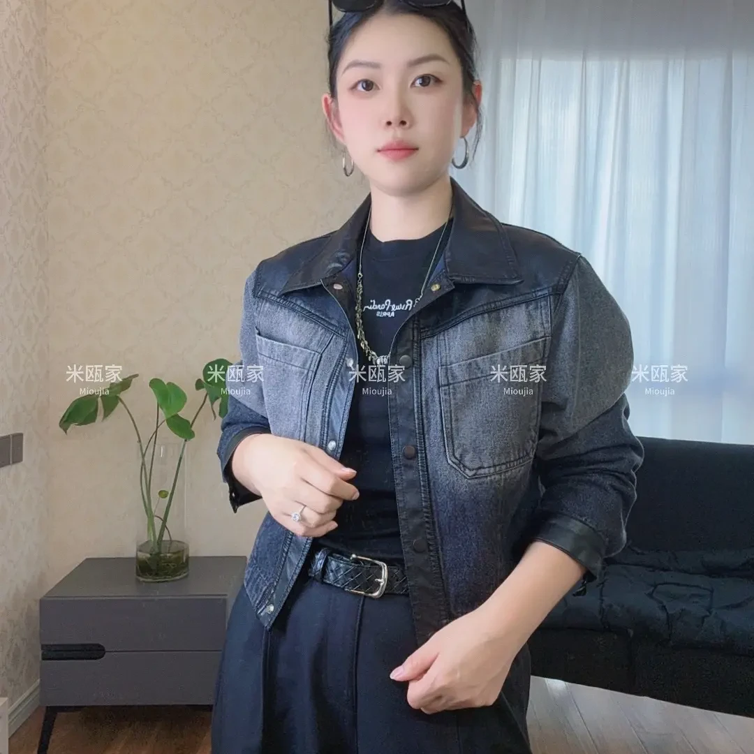 ［米瓯家］复古拼接牛仔外套女 做旧水洗PU皮翻领夹克潮酷显瘦上衣