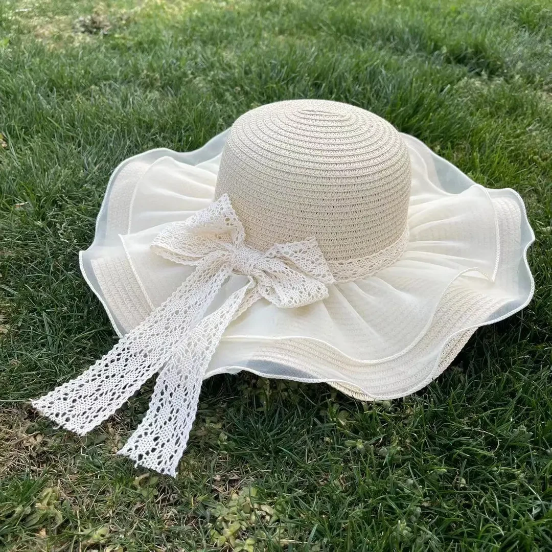 新款波浪边草帽洋气防风透气百搭太阳帽女防紫外线遮阳防晒帽夏季