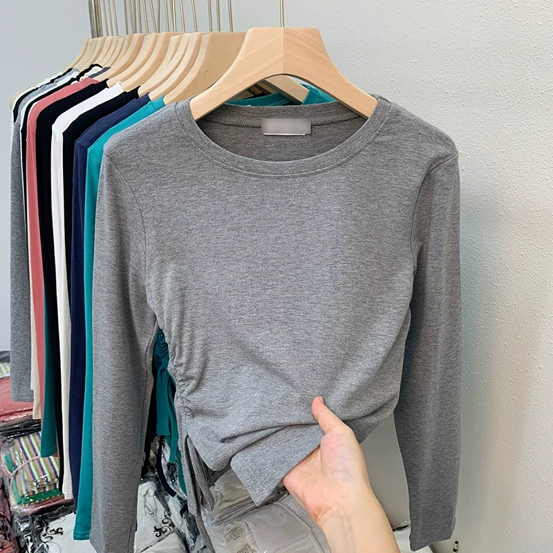 不规则抽绳长袖t恤女早秋设计感内搭外穿上衣正肩紧身圆领打底衫