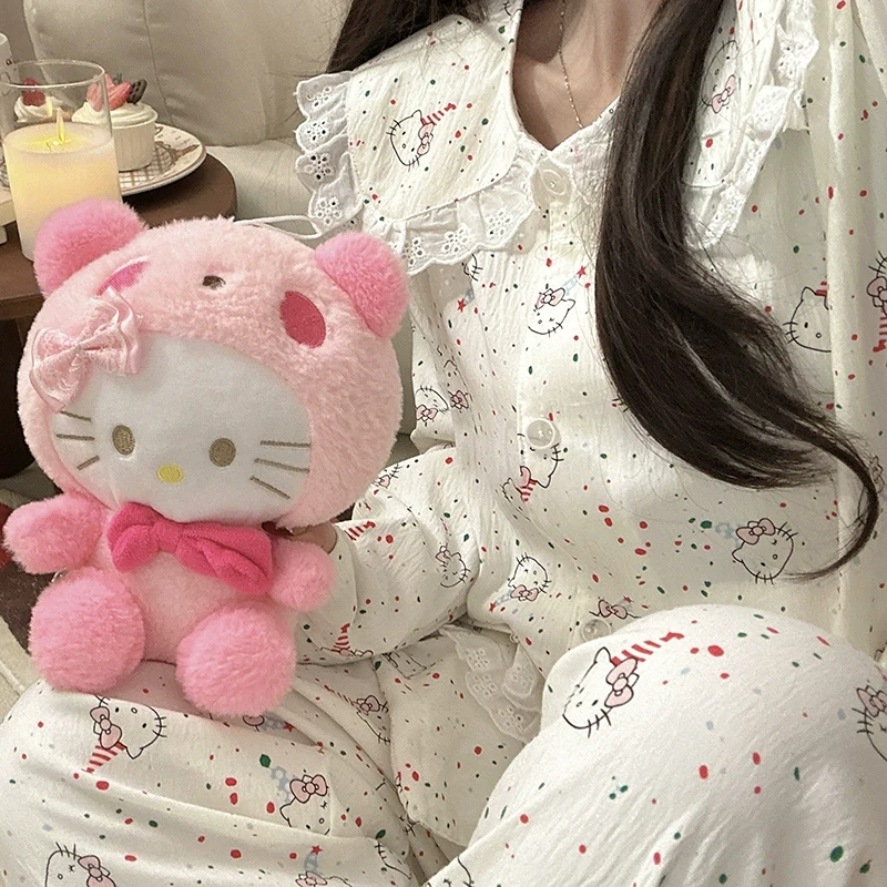 彩色波点kitty可爱娃娃领睡衣女春秋款长袖网红泡泡棉家居服套装
