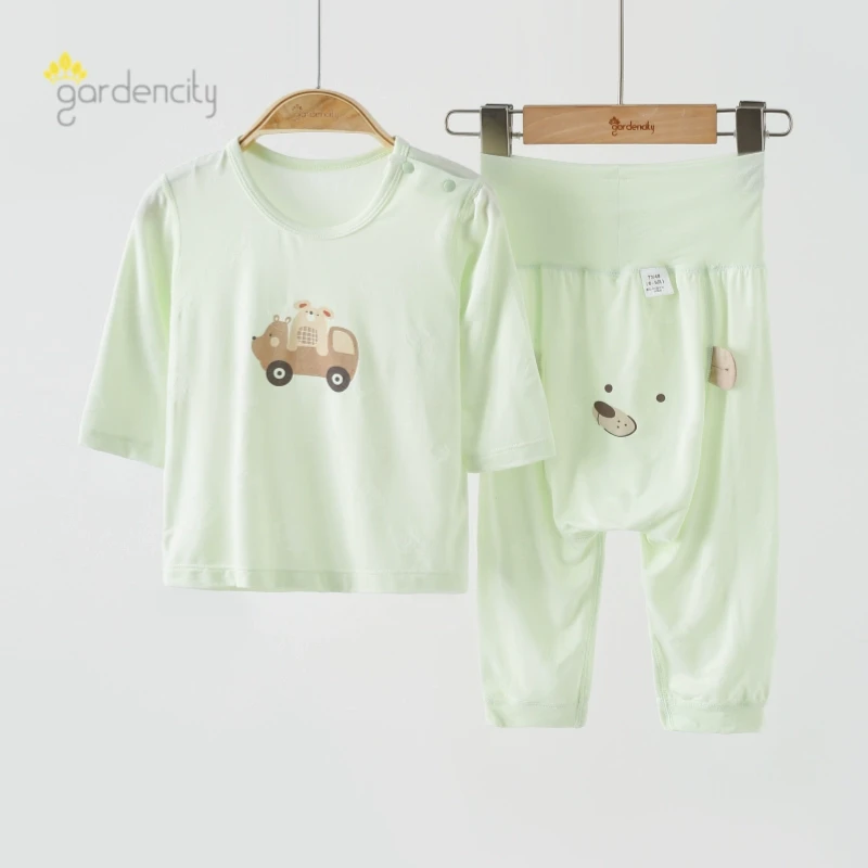 婴儿家居服套装夏季薄款莫代尔提花男女宝宝高腰大PP裤9分袖上衣