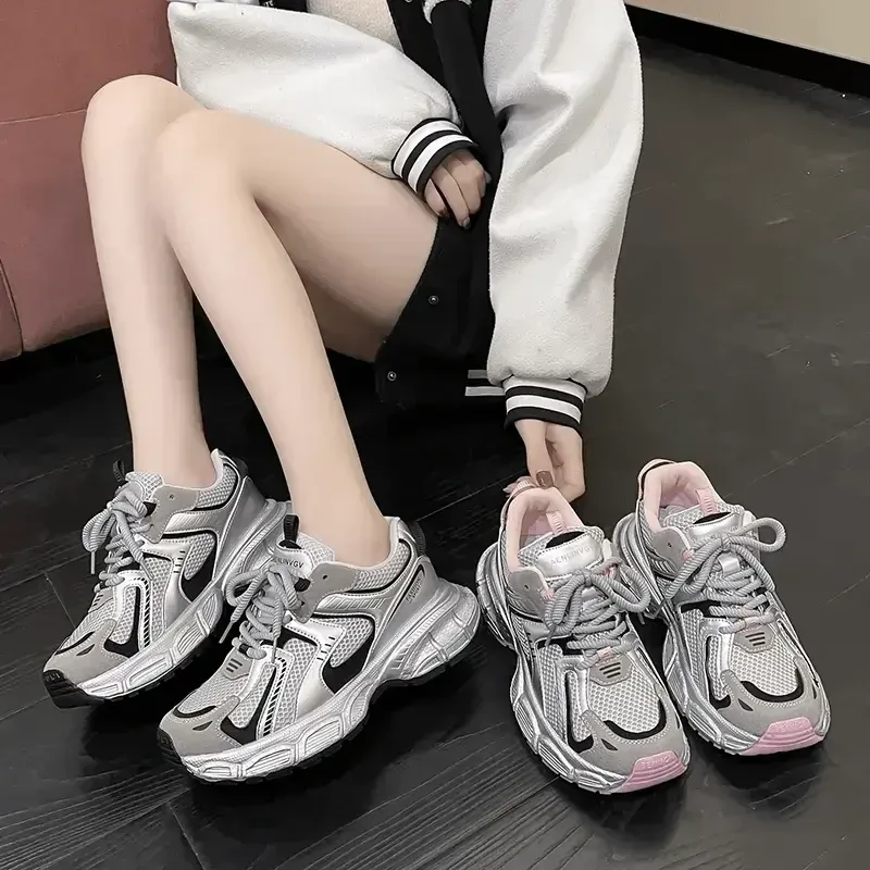 厚底增高老爹鞋女款2025新款银色透气百搭轻便运动休闲鞋子