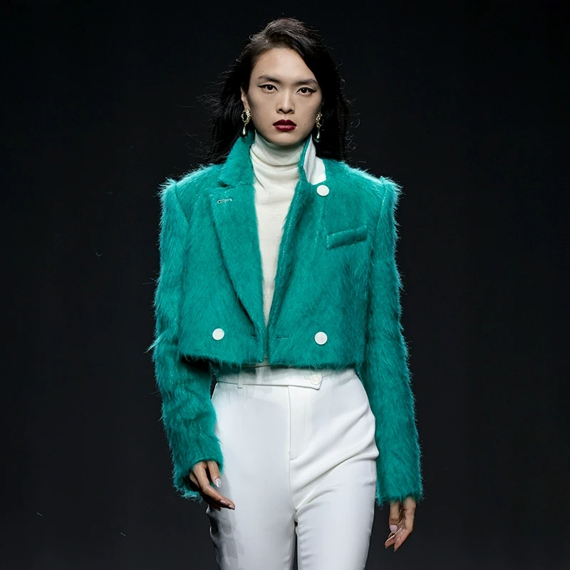 MAGGIE MA设计师款马尔代夫绿高腰时髦摩登毛呢外套西装秋冬877C