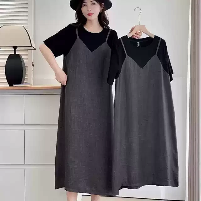 灰色圆领假两件吊带裙女2025夏装新款简约百搭大码宽松短袖连衣裙
