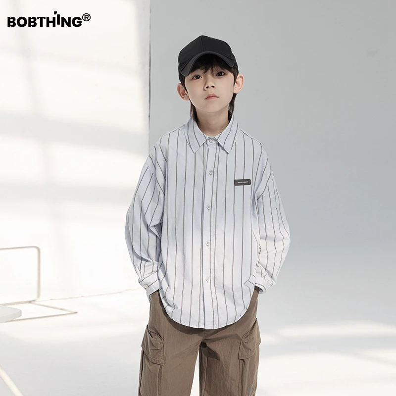 男童春装2025新款儿童竖条蓝衬衫中大童儿童装长袖条纹秋款衬衣