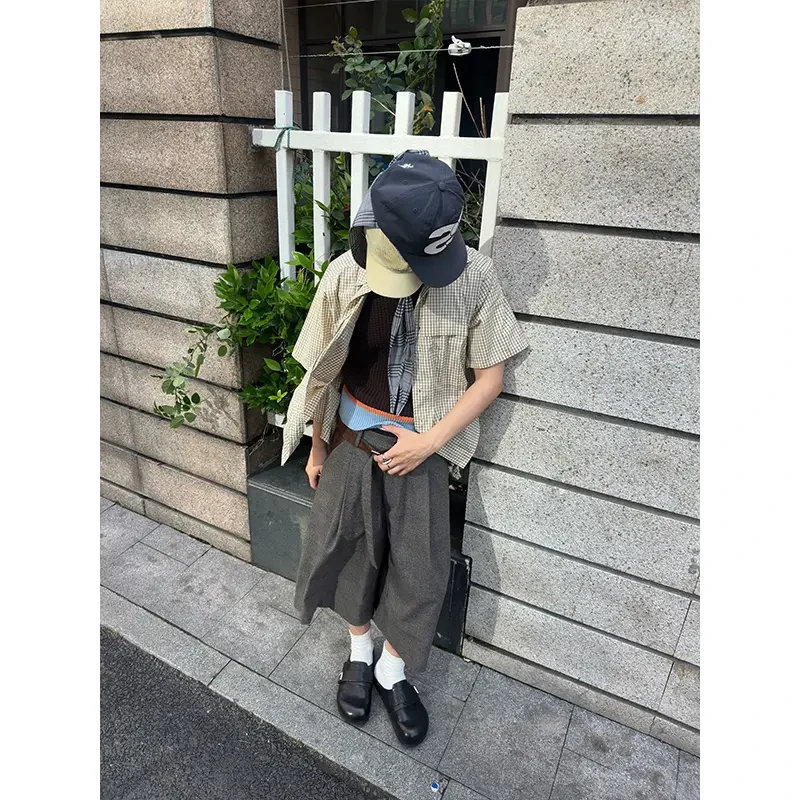 美式工装七分裤男款夏季休闲阔腿老钱风裤子cleanfit千鸟格短西裤