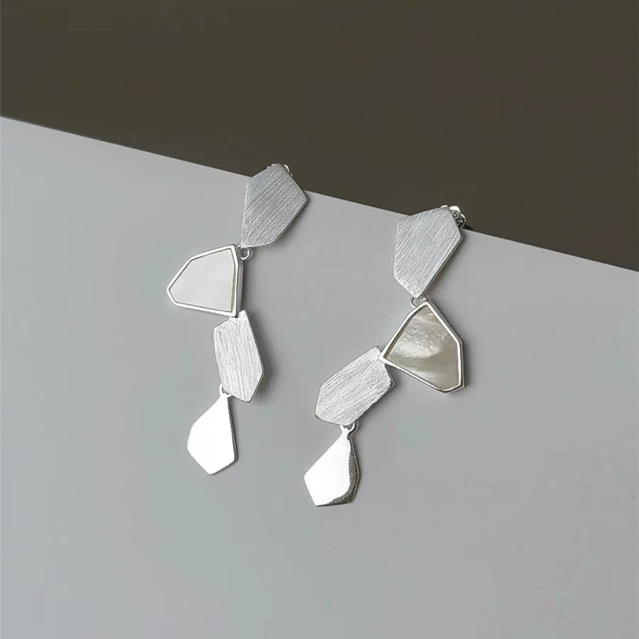 原创设计小众款碎镜不规则多边形母贝耳钉S925银简约百搭耳环