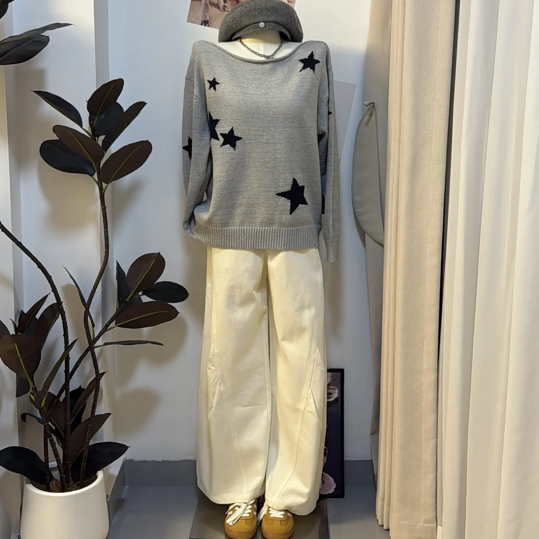 Chun｜毛衣套头常规圆领宽松星星常规款秋季百搭长袖卡通