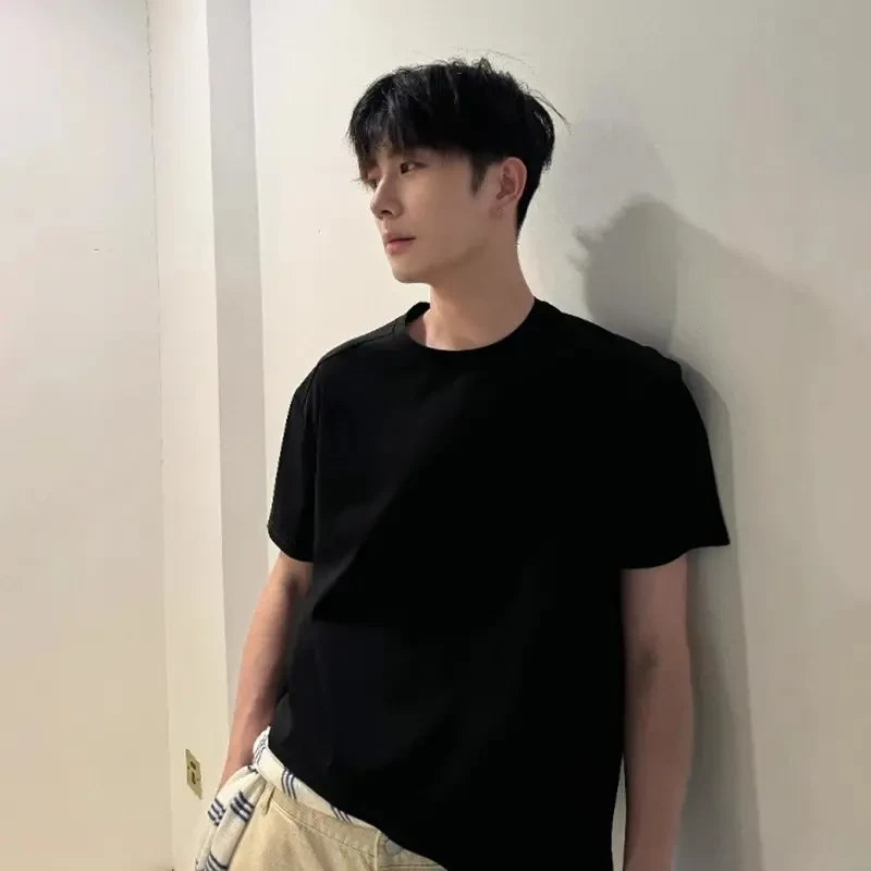 黑色纯棉T恤男夏季美式320g重磅短袖小领口二本针精梳棉宽松半袖