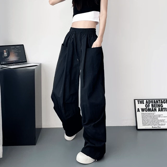 大码冰丝速干工装裤女夏季胖mm宽松显瘦阔腿裤高腰遮胯抽绳直筒裤