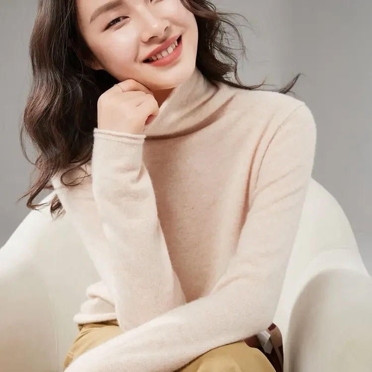 【100%山羊绒】堆堆领高领毛衣女士宽松保暖针织衫秋冬内搭打底衫