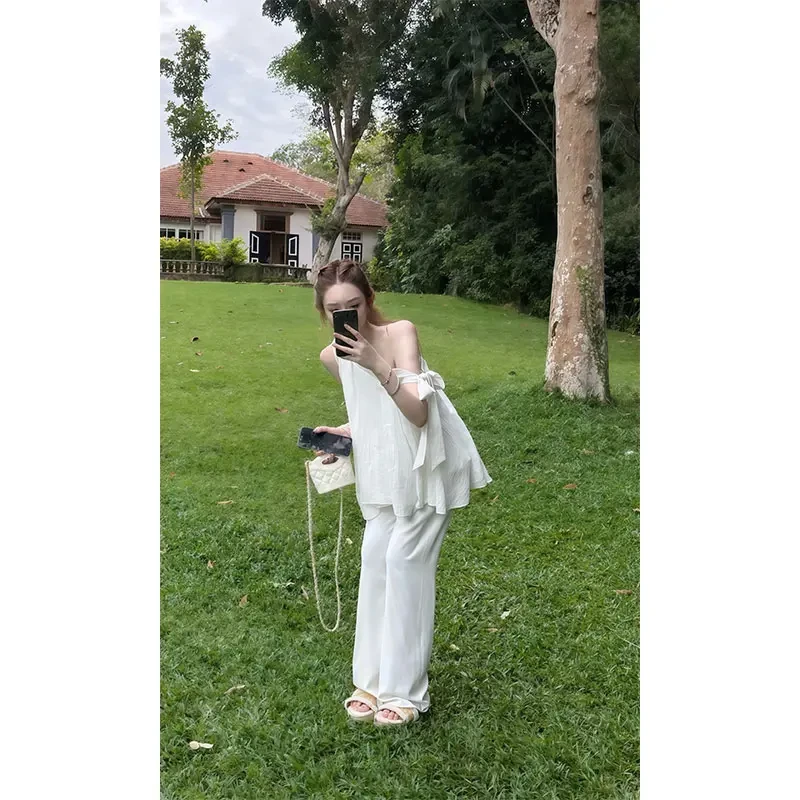 温婉大方衣服松弛感绑带斜肩无袖上衣高腰阔腿拖地休闲裤两件套