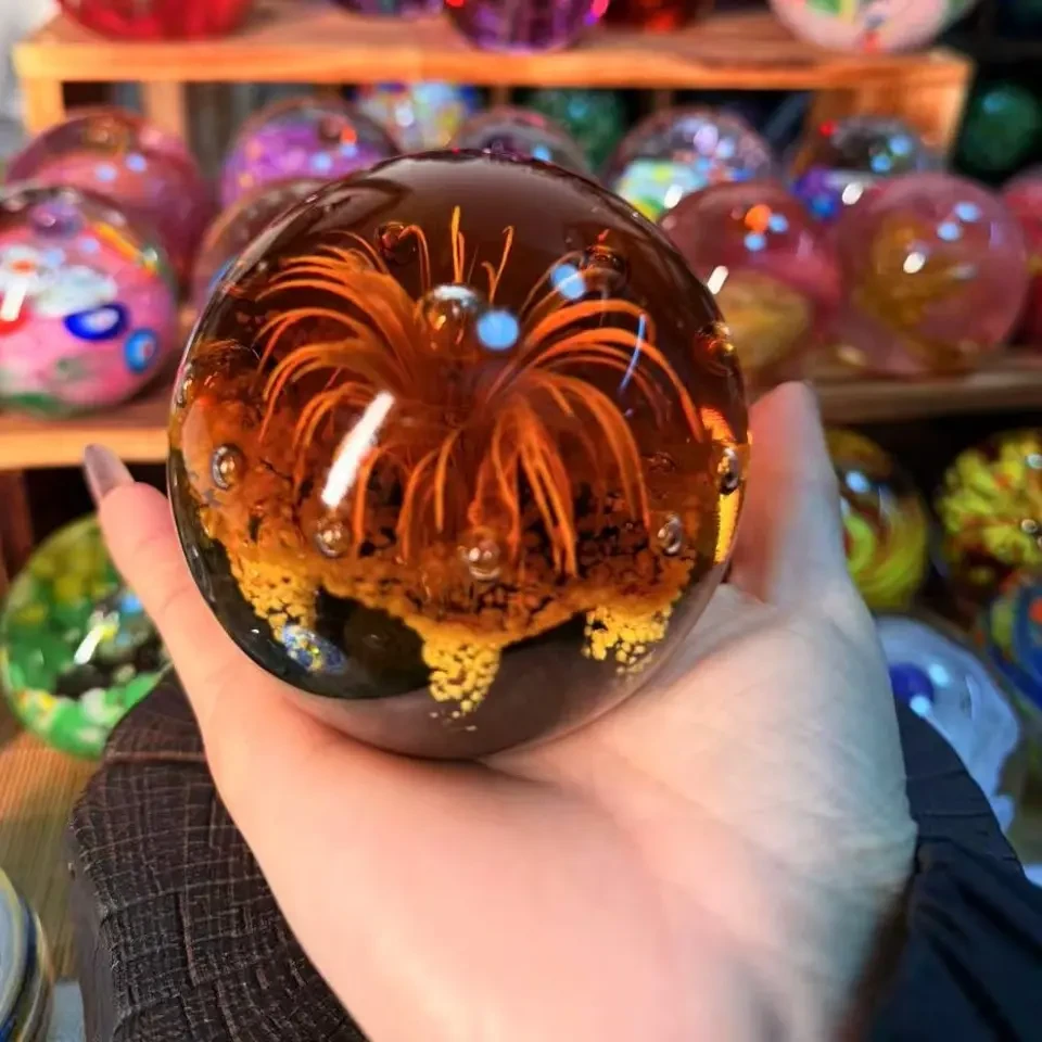 淄博博山手工琉璃创意微瑕茶晶色夜光礼花球工艺品家居装饰摆件