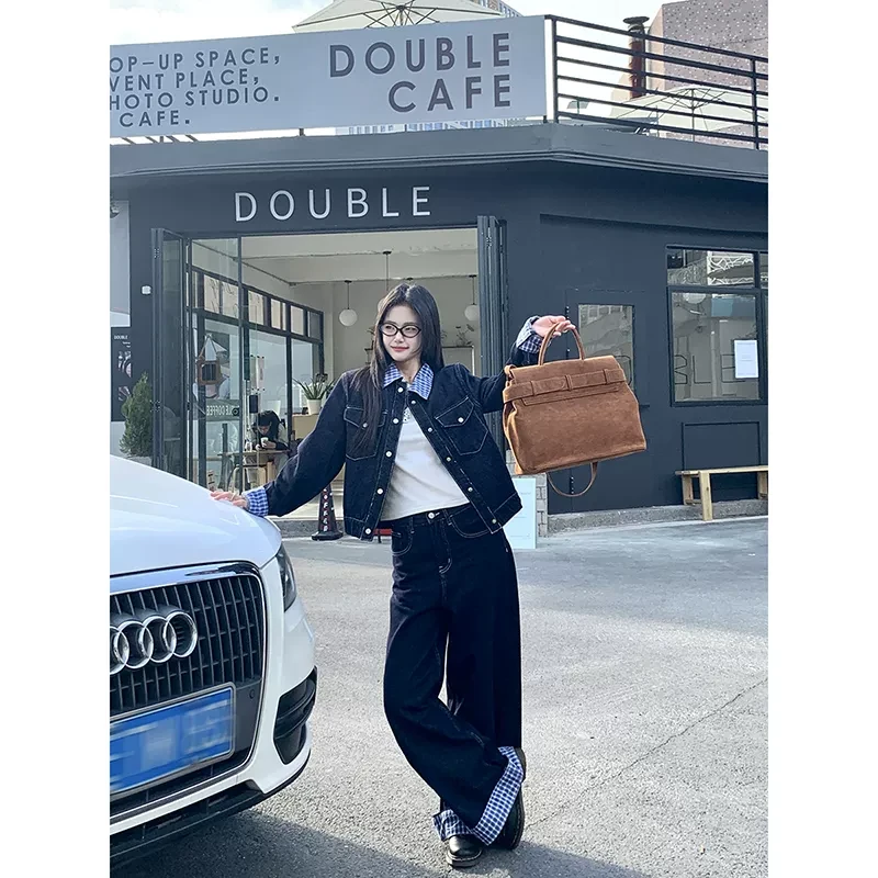 小仙倪子 格纹翻领拼接牛仔套装女2025高级设计感韩系复古两件套