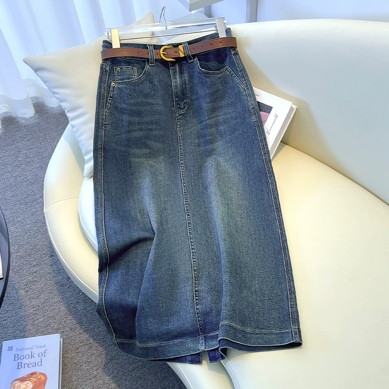 拉夏贝尔复古后开叉牛仔半身裙女2025春秋新款高腰宽松百搭直筒裙