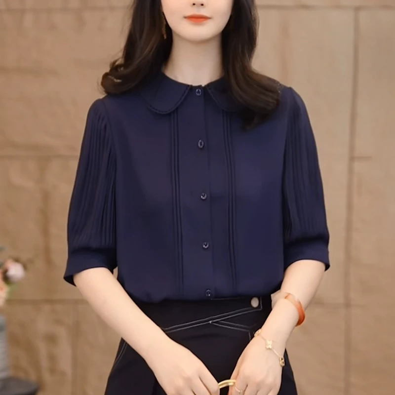 藏青色半袖衬衫女士2025夏季新款设计感洋气减龄宽松休闲显瘦上衣