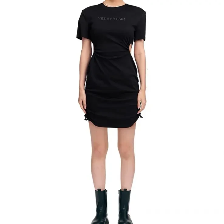 裙子黑色印花短袖连衣裙优雅曲线多场合适用连衣裙显瘦针织时尚