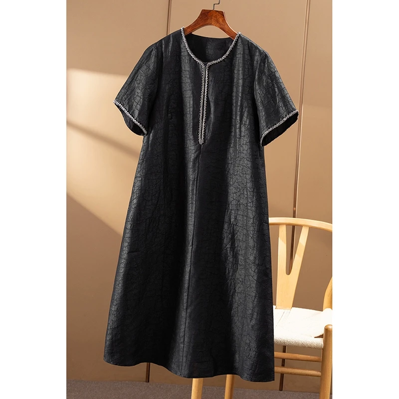 惊艳奢贵 法G精致钉珠真丝香云纱龟裂纹A字连衣裙春天家女22C3