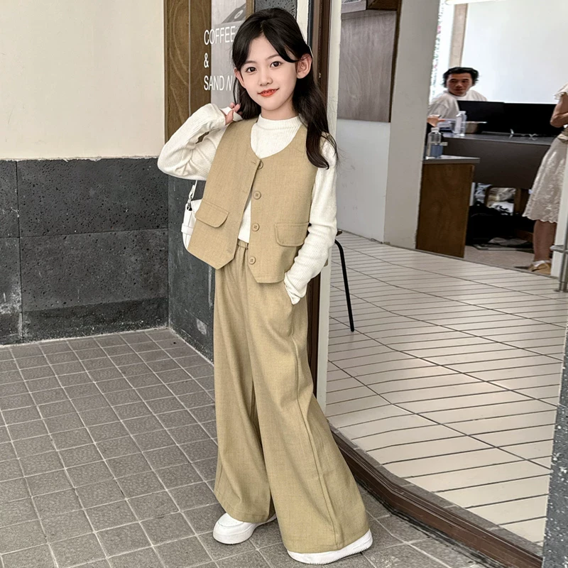 女童套装春秋款2025新款时髦洋气儿童中大童春季马甲西装三件套薄