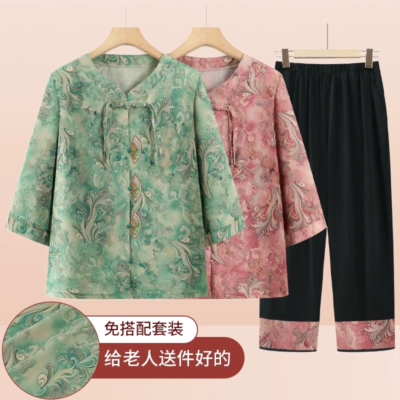 新中式妈妈夏装2025新款套装衬衫中老年人女洋气老太太时尚两件套