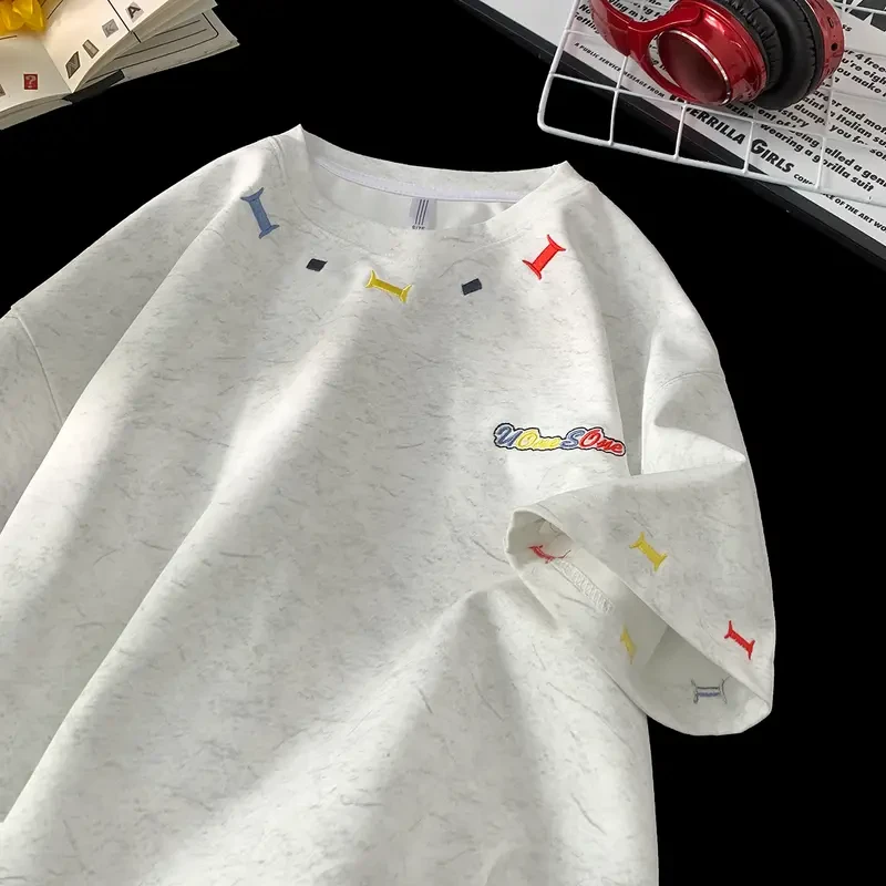 重磅刺绣T恤短袖男款夏季冰丝凉感美式复古潮流宽松五分半袖上衣