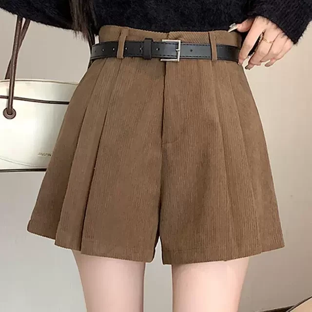 咖色新款灯芯绒休闲裤高腰显瘦百褶阔腿裤短裤女时尚气质秋冬裤子